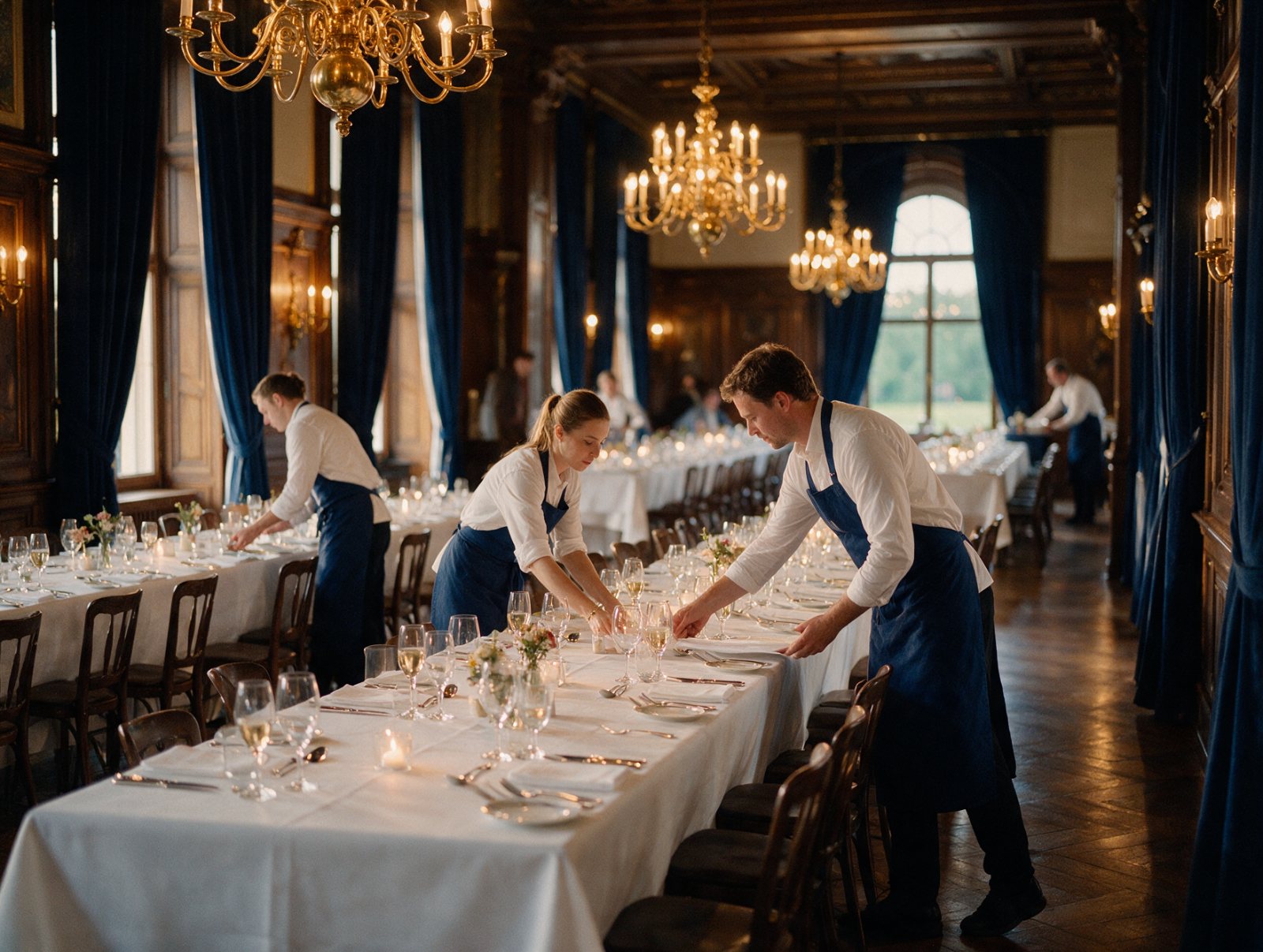 Eventpersonal deckt Bankett-Tische ein