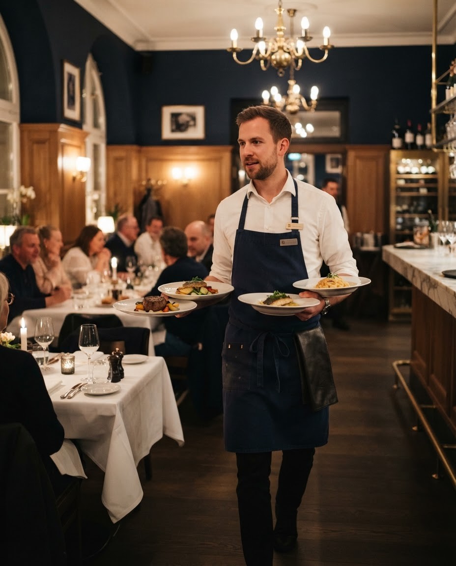 Servicekraft trägt Teller durch ein Münchner Restaurant